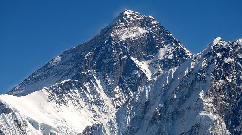 Mount Everest from Scoundrel’s View, North Face in Tibet on left, West Face in Nepal on right