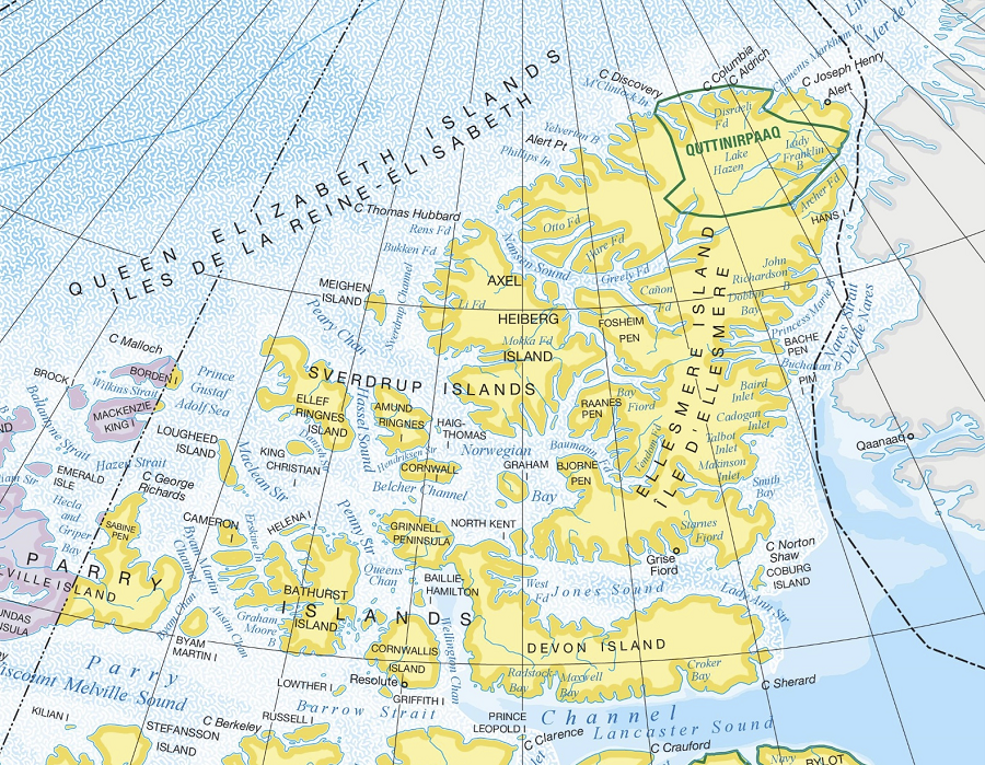 The Canadian High Arctic where Canada and Greenland come together Resolute on Cornwallis Island at bottom of map