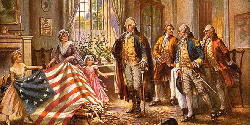 Betsy Ross showing the first American flag to George Washington