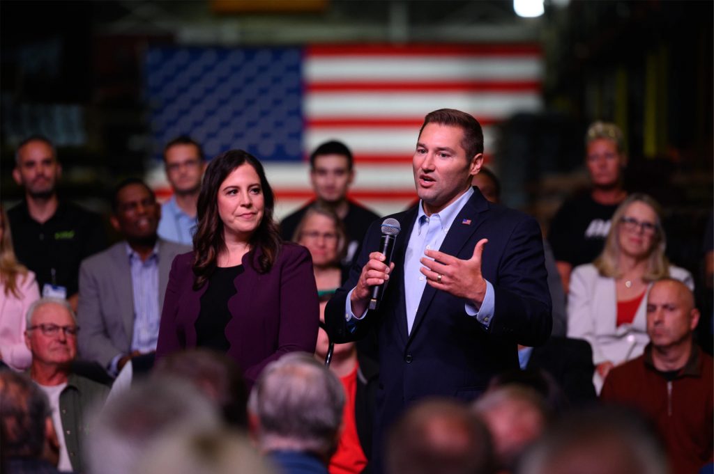 Rep. Guy Reschenthaler, right, speaks as he joins Republican Conference Chairwoman Elise Stefanik, left.