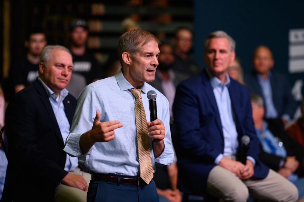 Rep. Jim Jordan speaks as he stands with Minority Whip Steve Scalise and Minority Leader Kevin McCarthy.